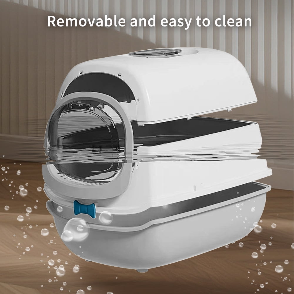 Fully Enclosed Cat Litter Box + Mat, Large Odor-Control Kitty Toilet with Flip Lid, Scoop & Anti-Tracking Pedal, Removable Design, Gray