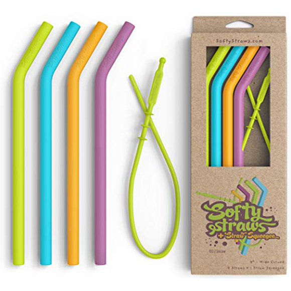 Softy Straws Premium Reusable Silicone Drinking Straws + Patented Straw Squeegee - 9� Long With Curved Bend for 20/30/32oz Tumblers - BPA Free (Non-Rubber), Flexible, Bendy, Safe for Kids / Toddlers