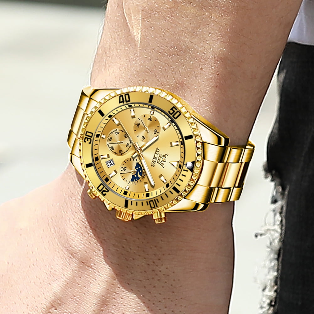 OLEVS Watches for Men Luxury Analog Quartz Chronograph Business Dress Gold Plated Stainless Steel Moon Phase Waterproof Luminous Date Casual Mens Wrist Watches Reloj Para Hombre