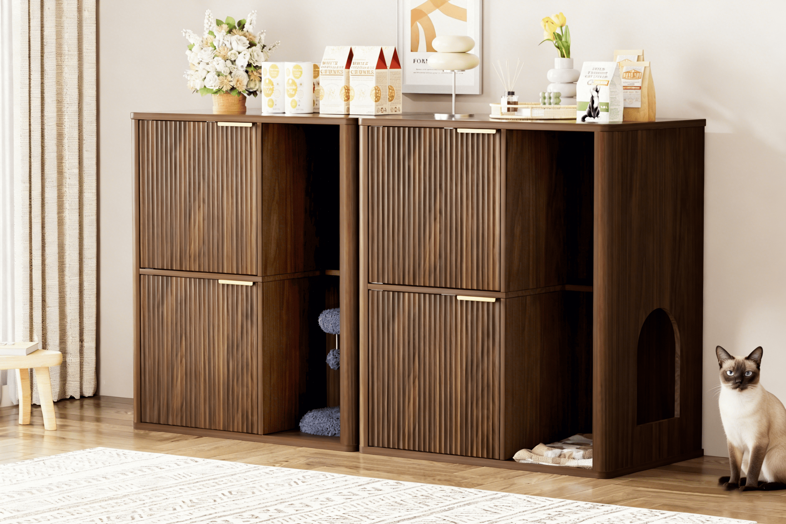 31.5-inch Walnut Cat Litter Cabinet with Cat Tree, Grooved Concealed Litter Furniture Featuring Dual Cat Doors and Storage Shelves, Versatile Pet Cabinet for Living Rooms or Bedrooms
