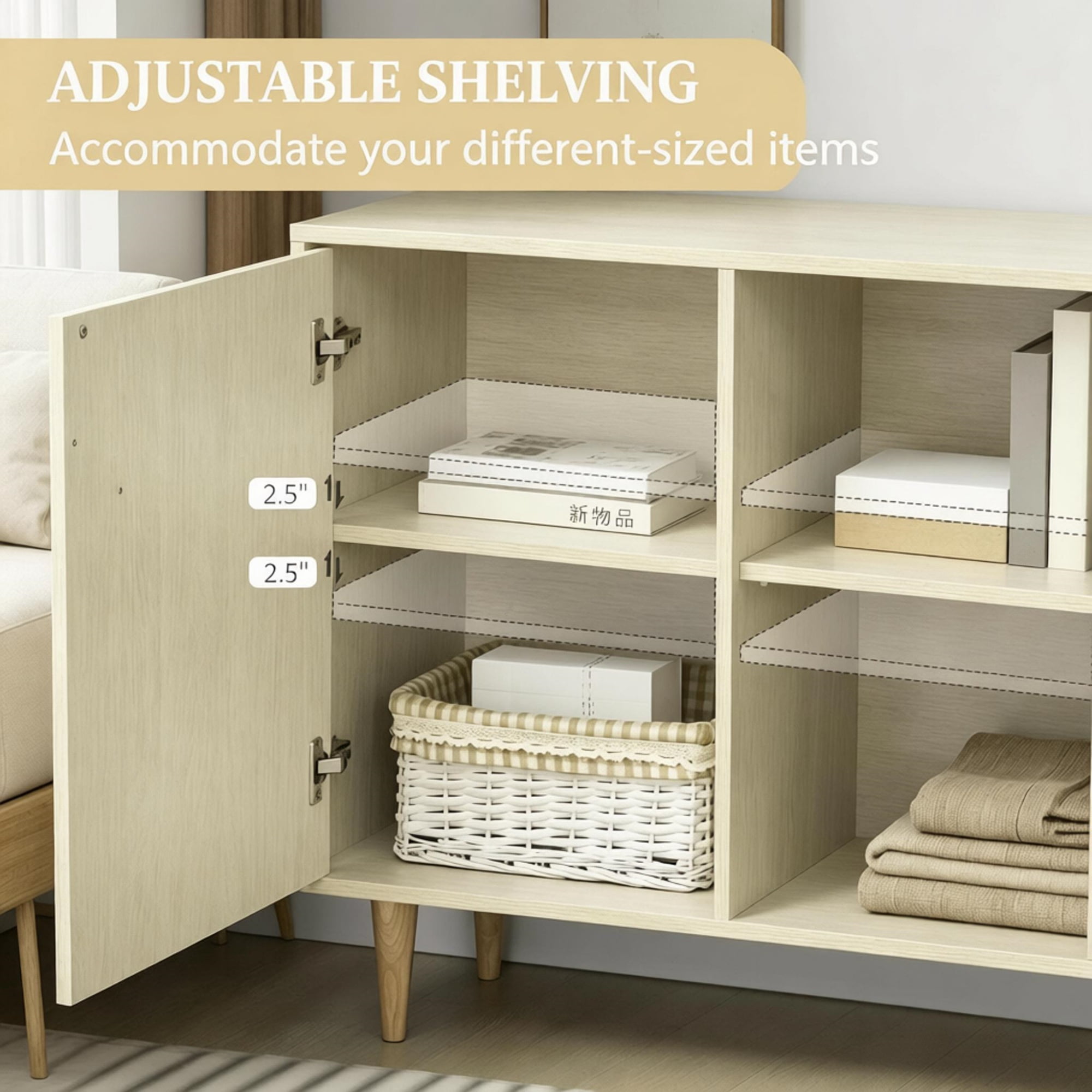 Sideboard Buffet Cabinet with Double Doors Adjustable Shelves And Wood Legs for Kitchen Living Room, Natural Wood