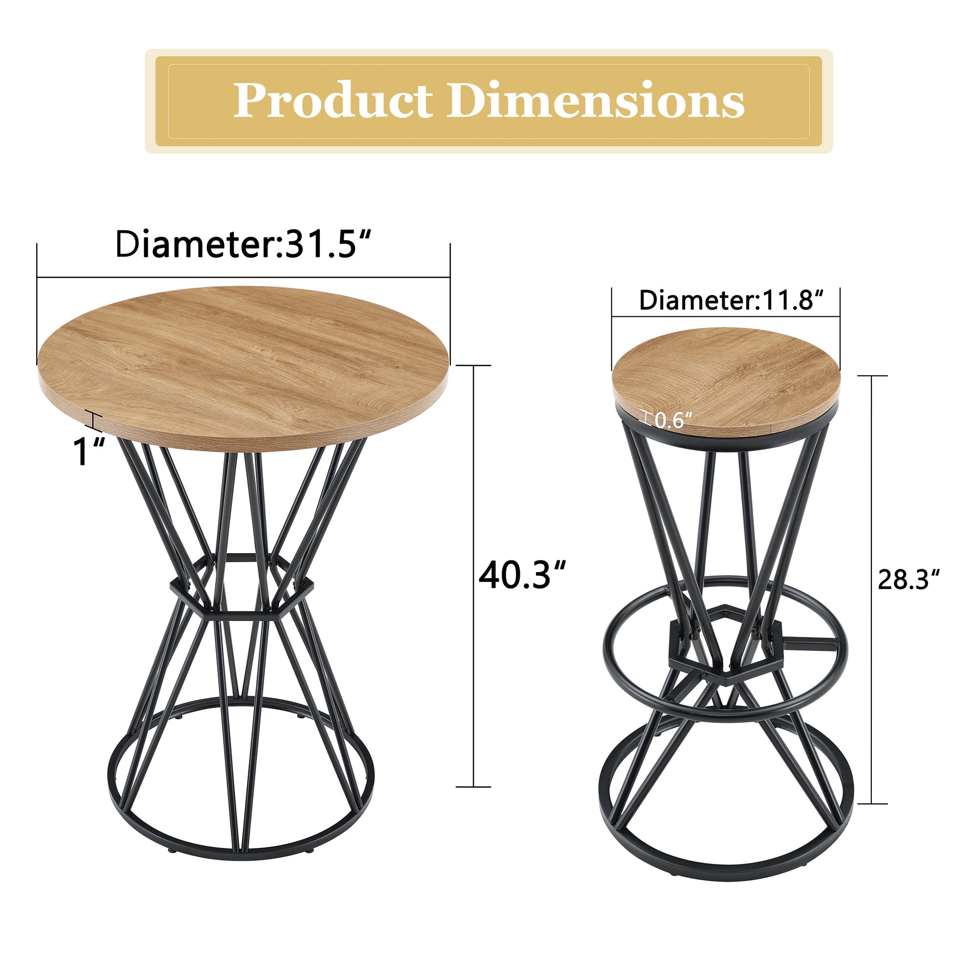 3-Piece Industrial Bar Table and Chair Set, 31.5-Inch Wood Grain MDF Bar Table with Black Metal Frame and 2 Stools, Modern Pub Dining Set for Kitchen Island Home Bar, Black Wood