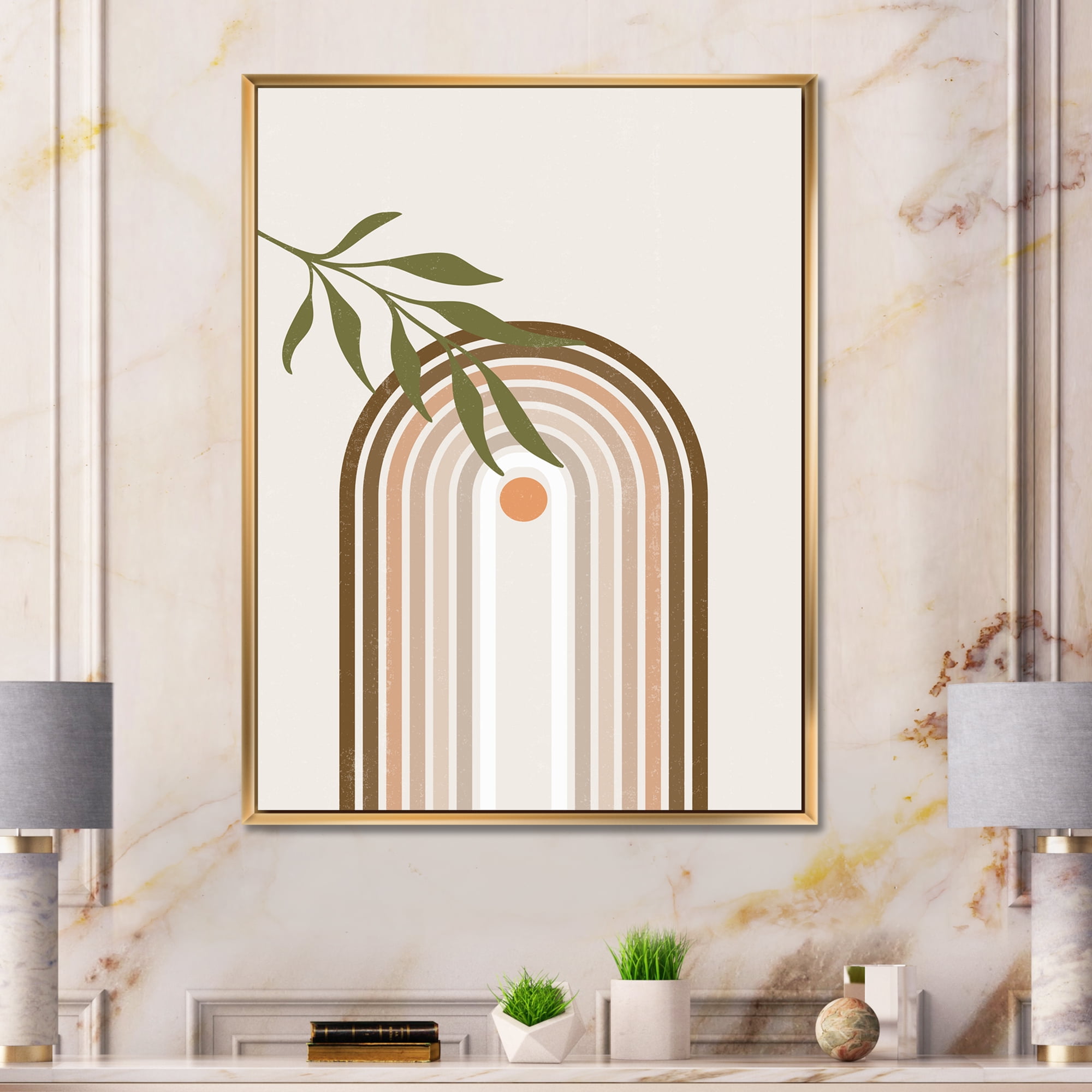 Designart 'Abstract Moon and Sun With Green Leaf I' Modern Framed Canvas Wall Art Print
