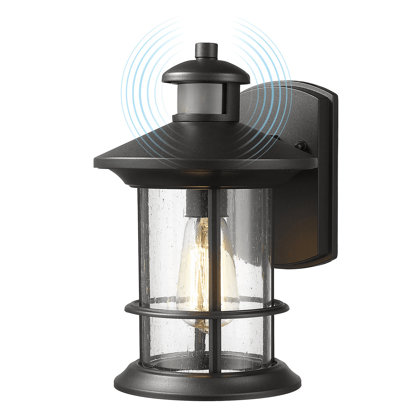 Outdoor Motion Sensor Wall Sconce Dusk to Dawn Exterior Wall Mount Light  Waterproof Matte Black Wall Lantern Lamp with Seeded Glass Shade for Porch  Entryway Doorway
