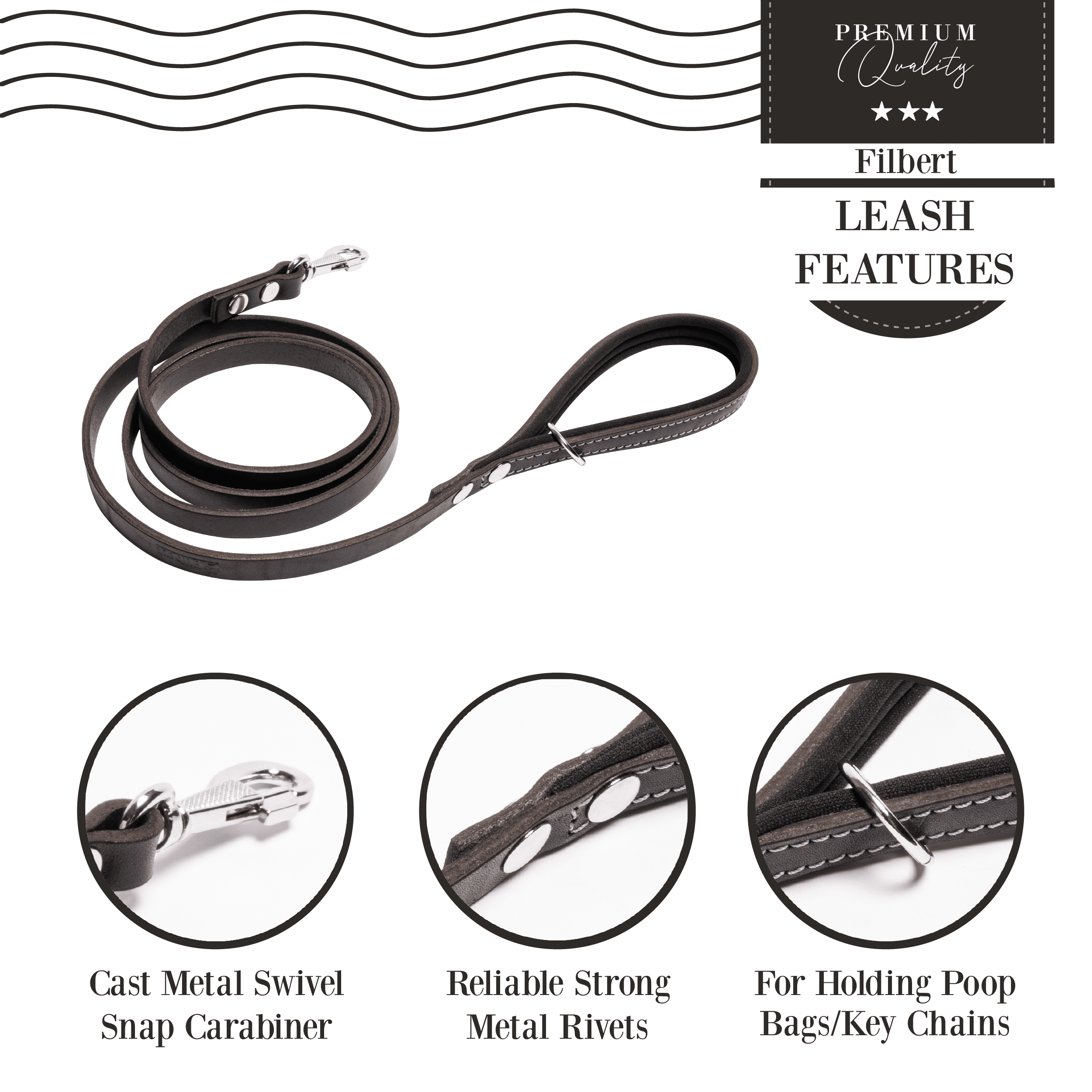 Filbert Genuine Leather Dog Leash, Strong Leather Leash for Small, Medium, Large Breed Dogs, 5.3ft, Soft and Comfortable, Durable, Heavy Duty, Black