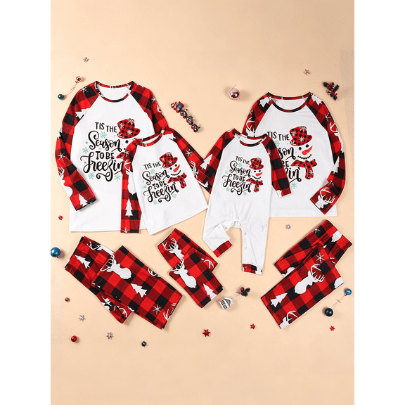 Cozy Christmas Matching Family Sleepwear, Snowman Letter Tops Plaid Pants Loungewear Set