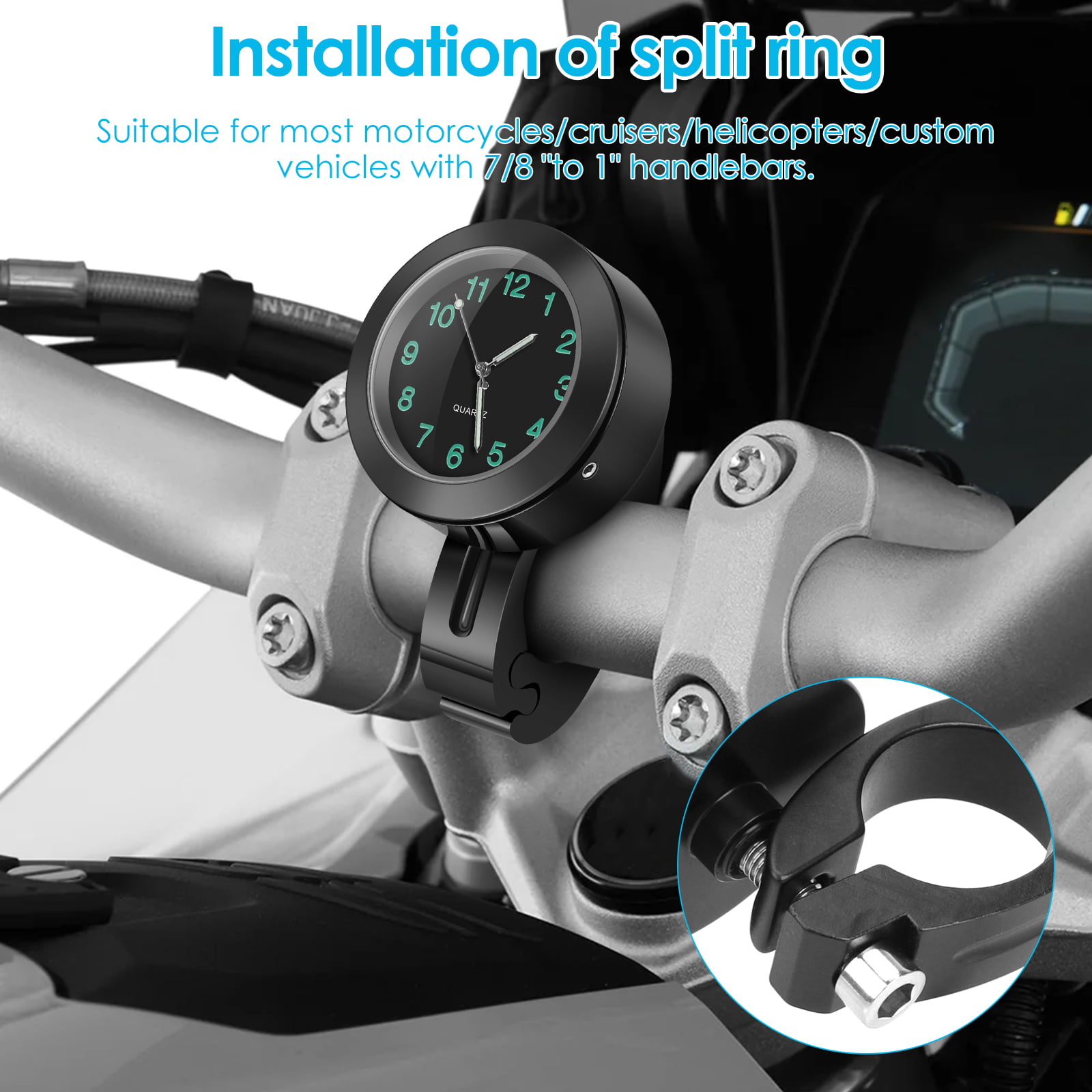 MoreChioce Universal Motorcycle Handlebar Clock, 7/8 to 1 Handlebar Watch  Waterproof Luminous Dial Aluminum Motorcycle Mount Clock for Motorcycle