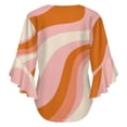 thumbnail image 6 of Abstract Wavy Pastel Orange Pink Women's V-Neck Blouse With 3/4 Ruffled Bell Sleeves Casual Top Ladies Blouses, 6 of 7