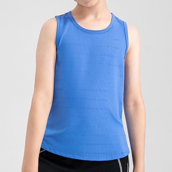 BRGZLK Girls Athletic Tank Tops Casual Fashion Solid Color Crew Neck Sleeveless Breathable Workout Yoga Camisole for Kids Teen Blue 9-10 Years