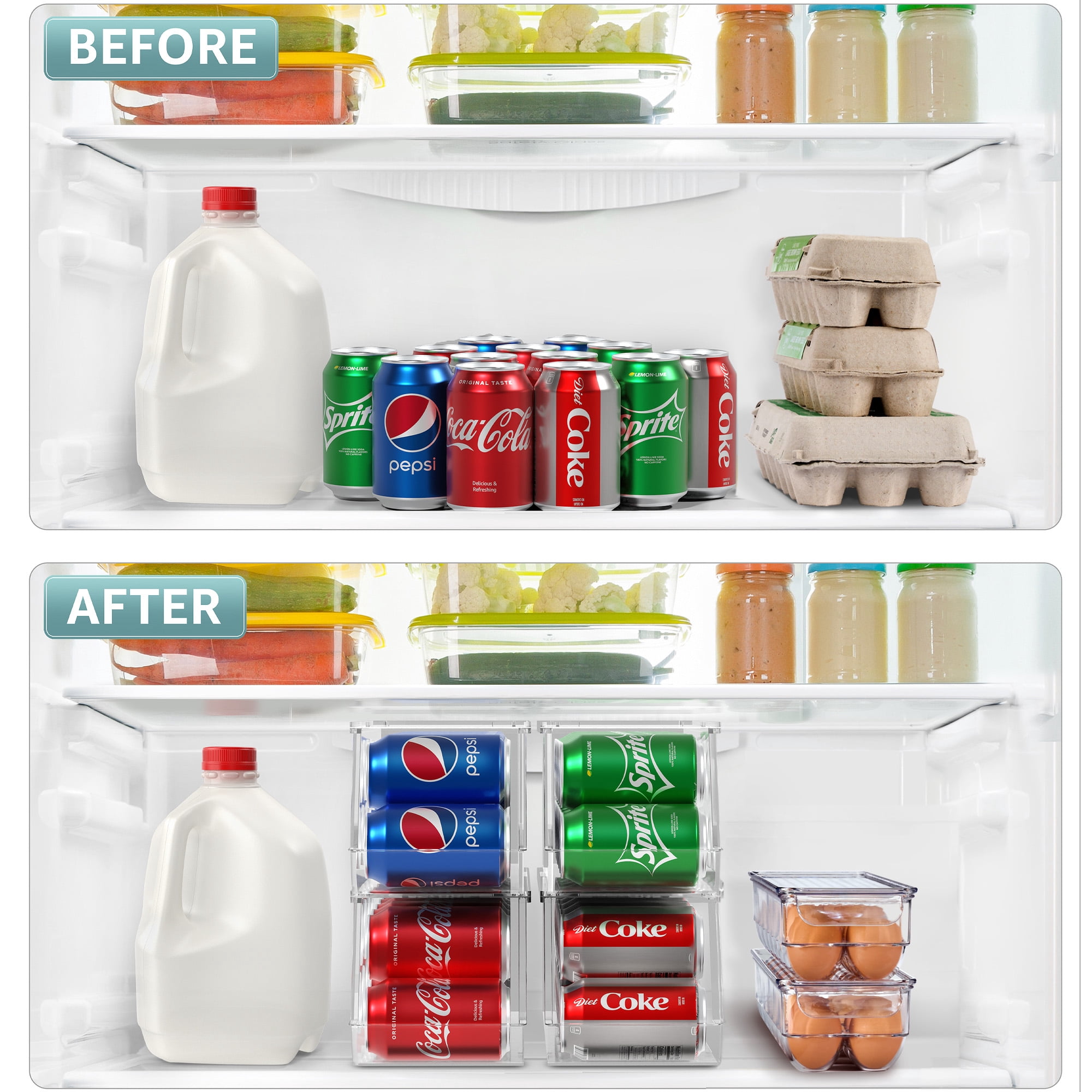 Sorbus Soda Can Organizer for Refrigerator and Egg Holder for Fridge Set, Stackable Can Holder Dispenser and Egg Holder with Lid for Fridge, Pantry, Freezer - BPA-Free, Clear Design
