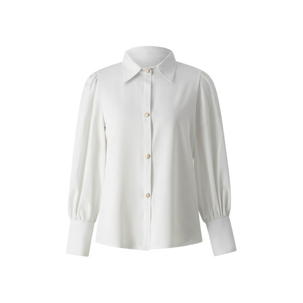 VISgogo Camisa Retro con Manga de Obispo para Mujer, Color Sólido/Estampado de Leopardo Solapa Blusa de Manga Larga con Botones para Damas, S/M/L/XL/XXL VISgogo moda
