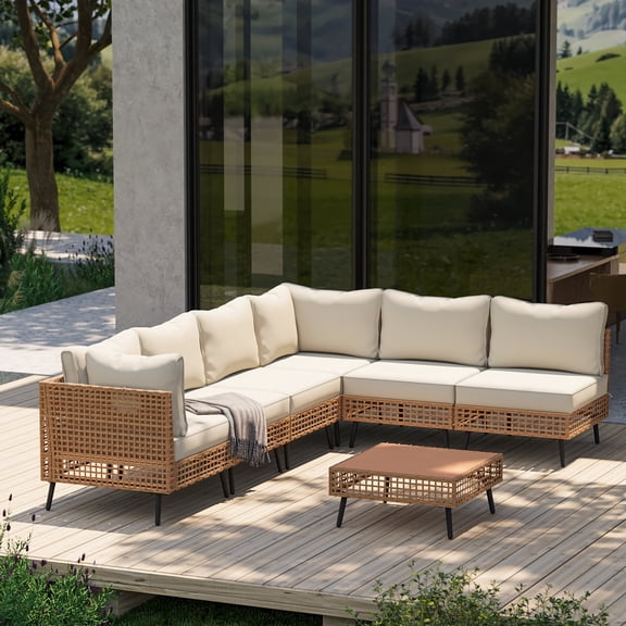 KAMEROUT 7-Piece Outdoor Wicker Patio Furniture Conversation Set, Sectional Sofa with Cushions, Beige