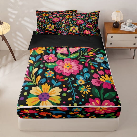 Homewish Boho Watercolor Floral Zipper Twin Comforter Sets with Fitted Sheet and 2 Pillowcases,Peony Daisy Flower Zipper Bedding Set,Multicolor,Black Reversible,4pcs