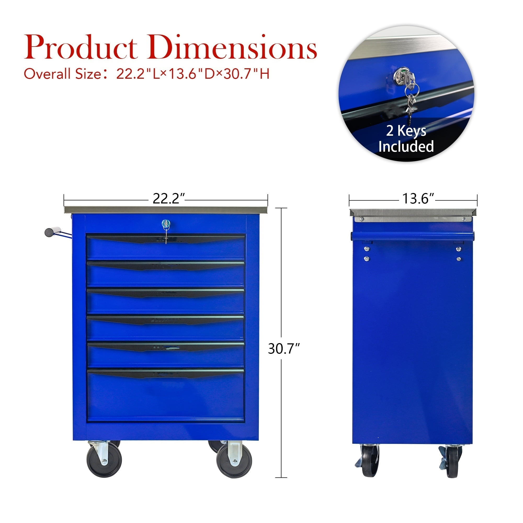 6 Drawers Tool Cart on Wheels,Lockable Multifunctional Metal Rolling Tool Chest