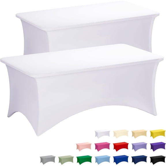 2 Pack 6FT White Rectangle Spandex Fitted Table Cover | Fit for 6 Foot Rectangle Table, Washable Stretch, Ideal for Party, Wedding, Banquet, Buffet, Vendor Booth