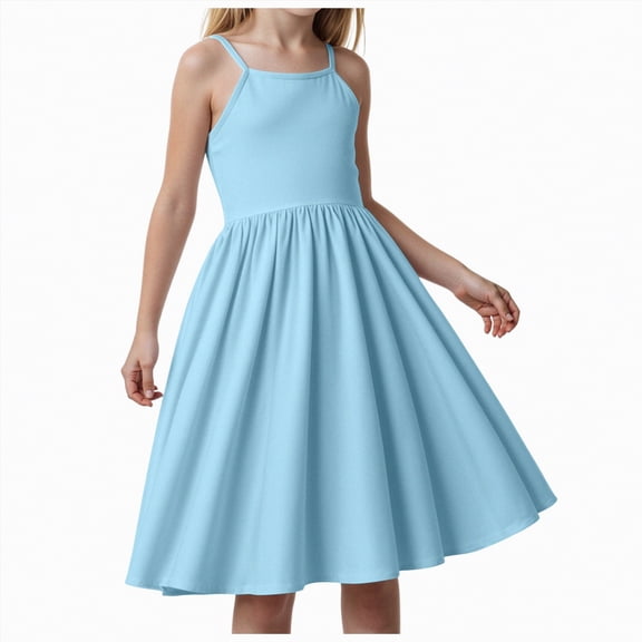 Hessimy Little Girls Collar Sleeveless Cotton Spring Summer Sundress,everyday casual(Blue,12-13 Years)