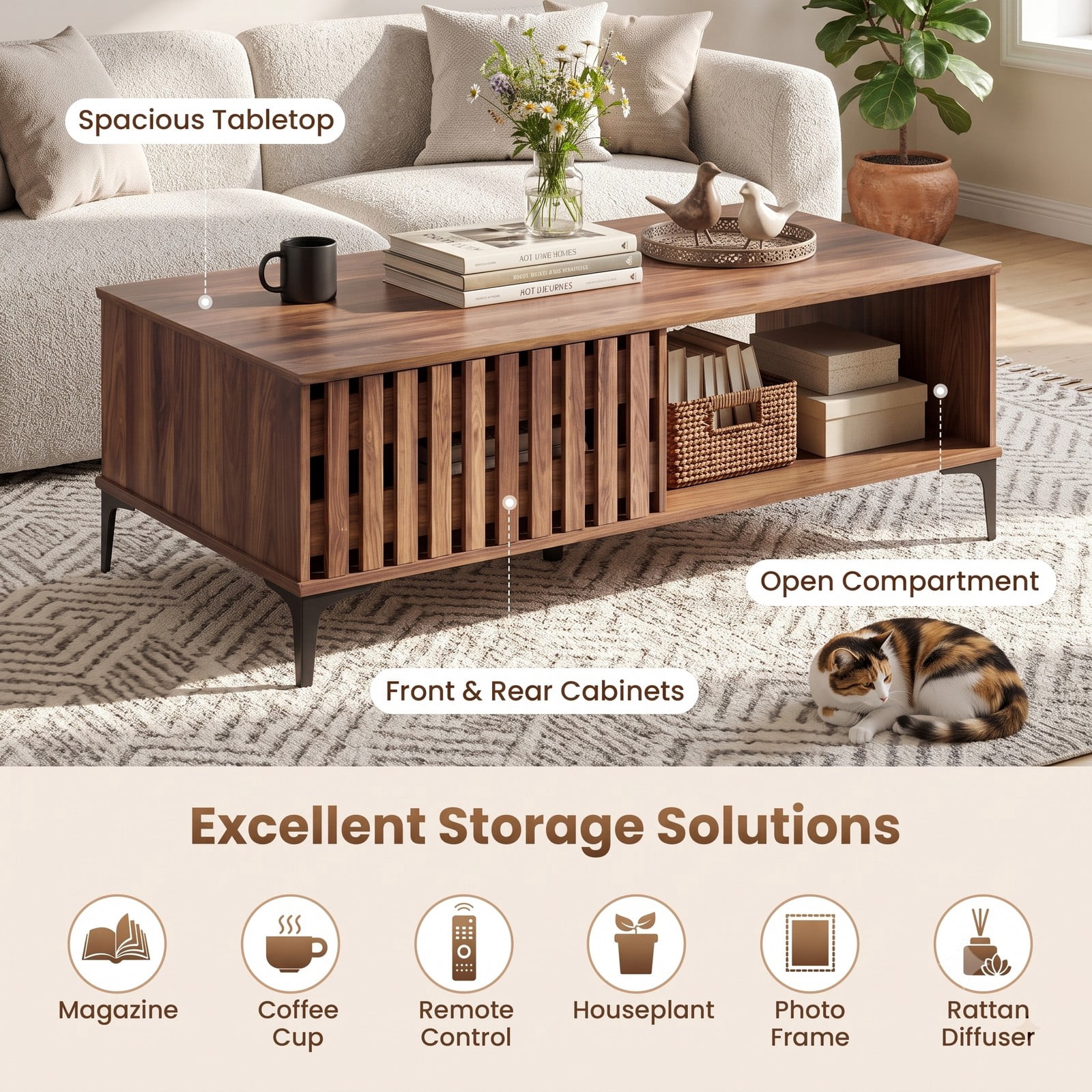 Furnibear 47 Inch Mid Century Coffee Table, Farmhouse Wooden Center Table with Storage Cabinets and Open Compartment, Rustic Living Room Sofa Accent Table with, Walnut