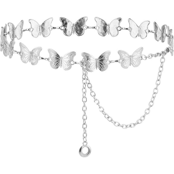 Butterfly Chain Belt for Women, Silver Metal Waist Chains with Pendant for Dresses and Jeans