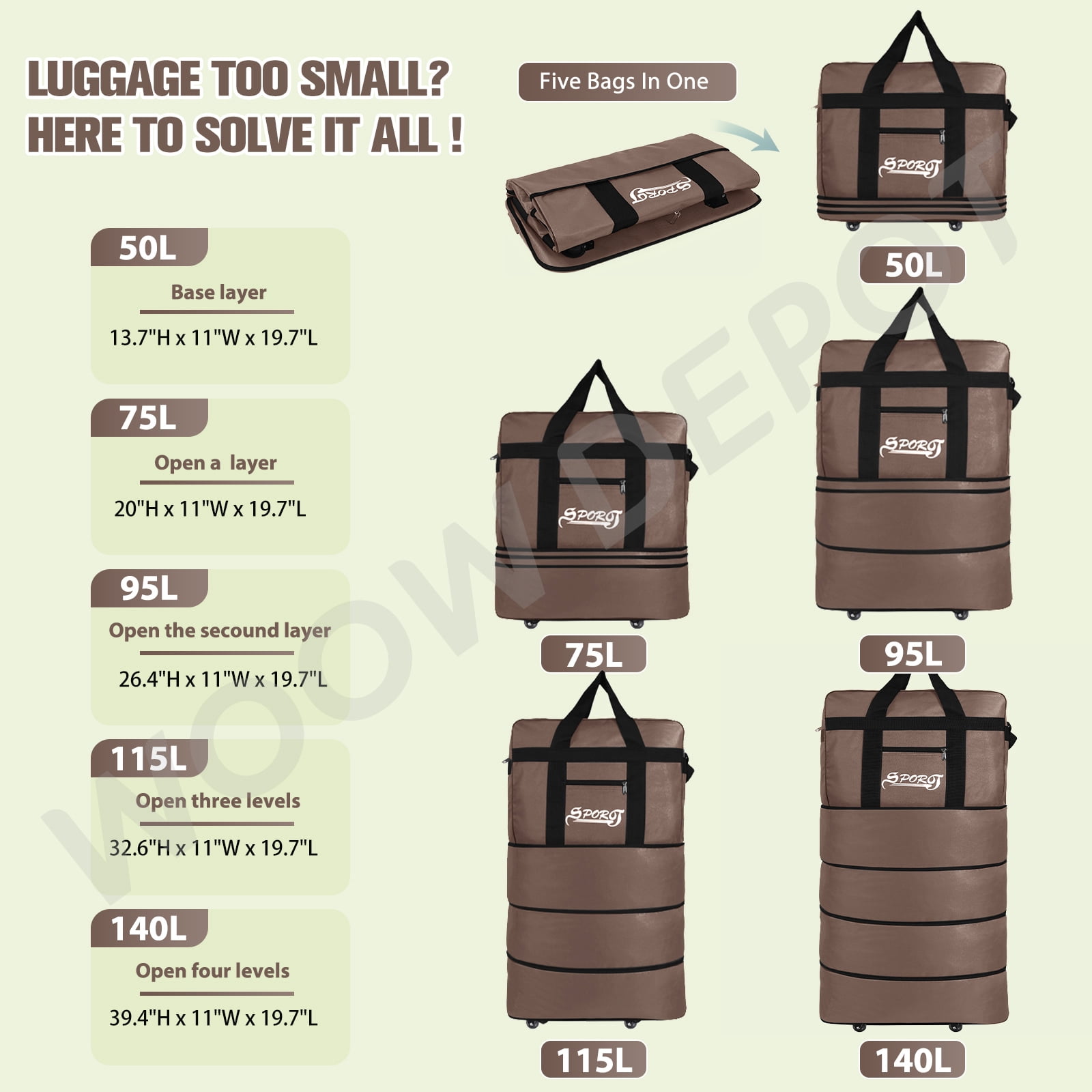 WOOW DEPOT 40in Expandable Suitcase Bag 4 Layer Collapsible Rolling Luggage Wheeled Duffle Bag Large for Home Storage Cargo Travel Business Moving