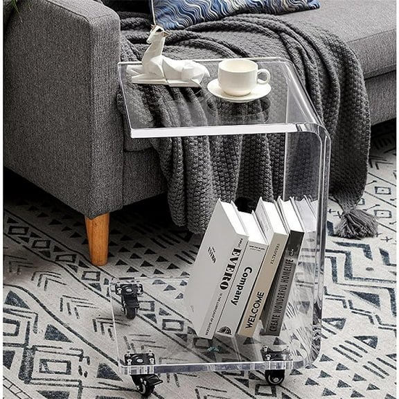 Wuzstar C-Shape Acrylic Side Table,Movable Sofa Nightstand with Wheels for Living Room Bedroom