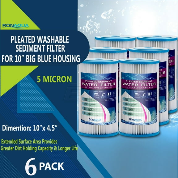 Big Blue Pleated Washable & Reusable Sediment Filter 5 Micron Amplified Surface Area, Removes Sand, Dirt, Silt, Rust, Extended Filter Life for 10" Big Blue Housing by Ronaqua (Set of 6)