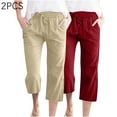 thumbnail image 2 of Iugvhana 2-Pack Linen Capri Pants for Women Plus Size Casual Drawstring Elastic High Waist Cropped Pants Straight Loose Wide Leg Capris with Pockets Khaki&Wine XXXL, 2 of 8