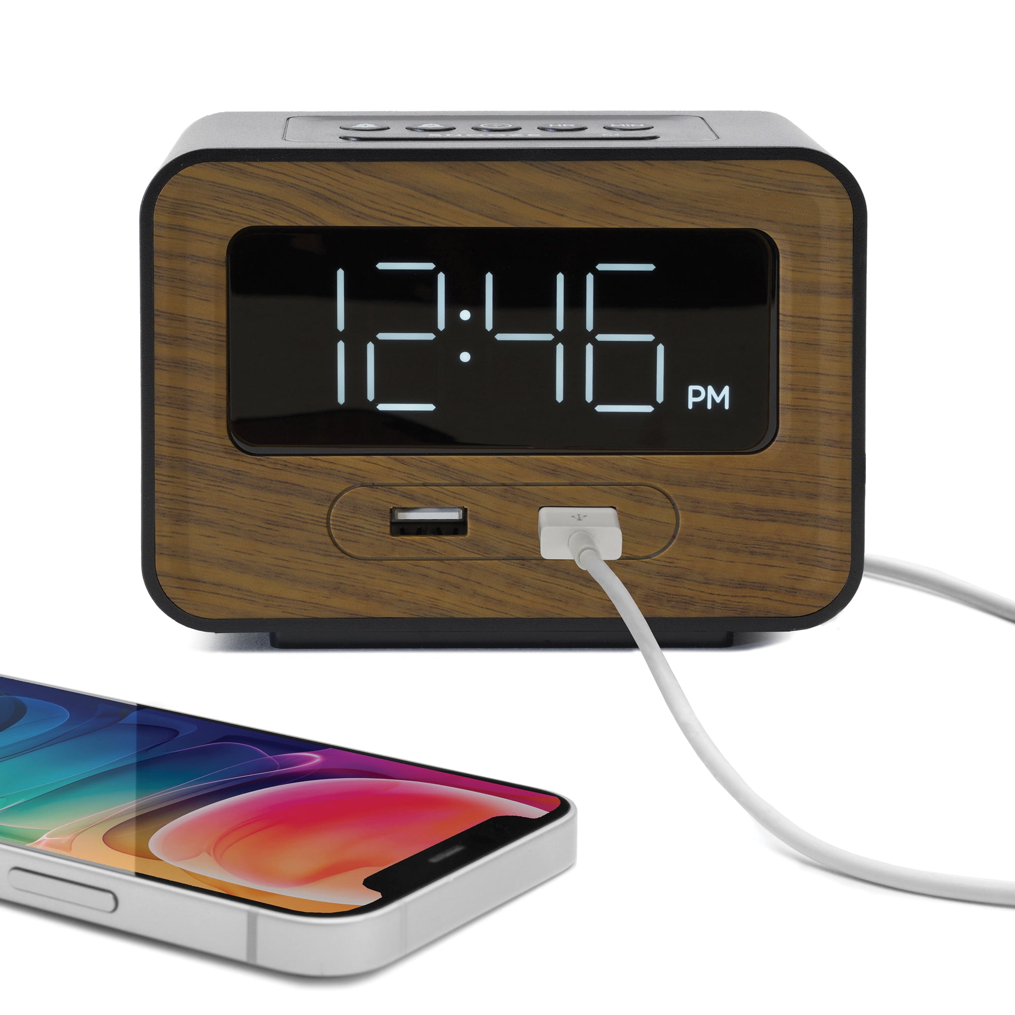 Lumoday Dual USB Charging Station Digital Alarm Clock (Black/Wood)