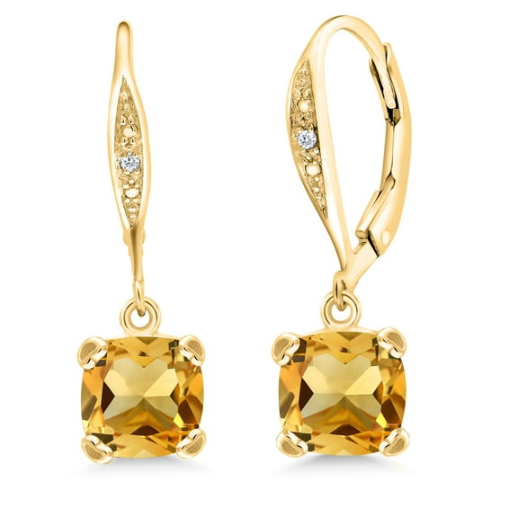 Gem Stone King 18K Yellow Gold Plated Silver Yellow Citrine and White Diamond Earrings for Women (2.81 Cttw, Gemstone November Birthstone, Cushion 7MM)