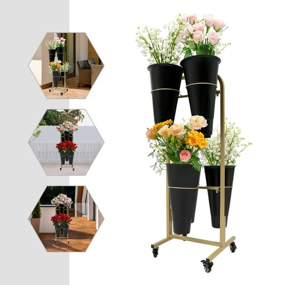 Metal PP Flower Display Stand W/6PCS Buckets, 2-Layer Steel Plant Stand W/ 4 Wheels,Plant Stand Moving Flower Rack for Indoor, Outdoor Patio Garden, Living Room, Florist