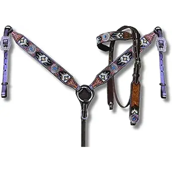 Western Premium Leather Equestrian Headstall, Breast Collar, Reins & Wither Straps - Hand-Carved Tooled Beaded Design