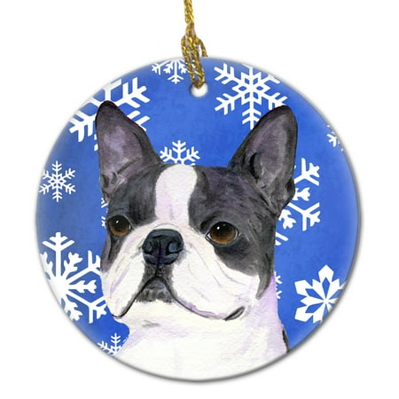 Boston Terrier Dog Ornament - Boston Terrier Winter Snowflakes Holiday Christmas Ceramic Ornament SS4654