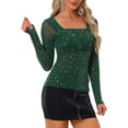 thumbnail image 4 of INSPIRE CHIC Glitter Sheer Mesh Top for Women's Square Neck Ruched Metallic Stars T-Shirt Green M, 4 of 4