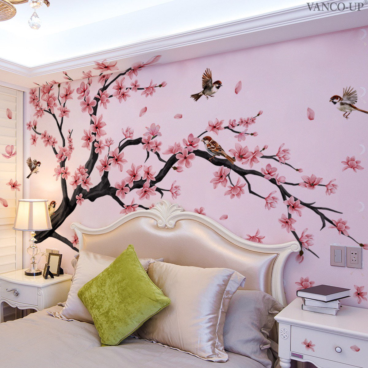 Flowers Wall Decals Stickers Vinyl Removable Peel and Stick Colorful bird Floral Wall Murals Decor tree wall decals Peel and Stick Wall Art Decals Bedroom Living Room Nursery (Cherry Blossoms)