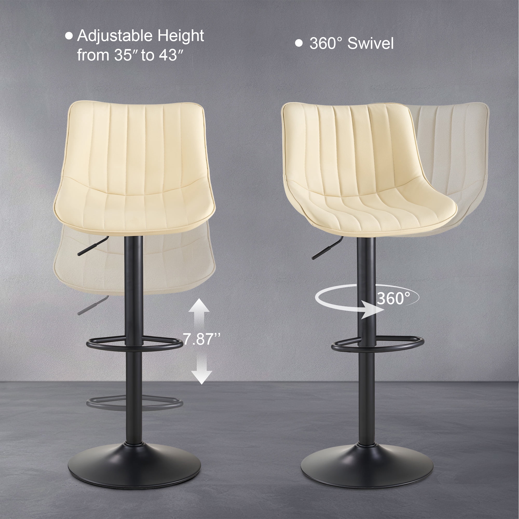 AUNEKIV Bar Stools, Swivel Counter Height Barstools with Back, Adjustable Faux PU Leather Bar Chairs, Modern Armless Kitchen Island Stool, Beige