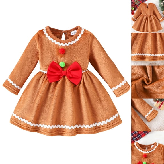 HJYCHN Christmas Dress Long Sleeve Bow Detail Party Gown with Ruffled Neckline for Toddler Dress 6-12 Months