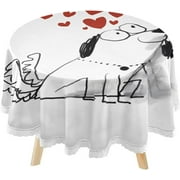 SKYSONIC Valentine Dog Love Round Tablecloth 60inch Indoor Wrinkle Free, Red Heart Circular Lace Table Cover Washable for Kitchen Dining Decor