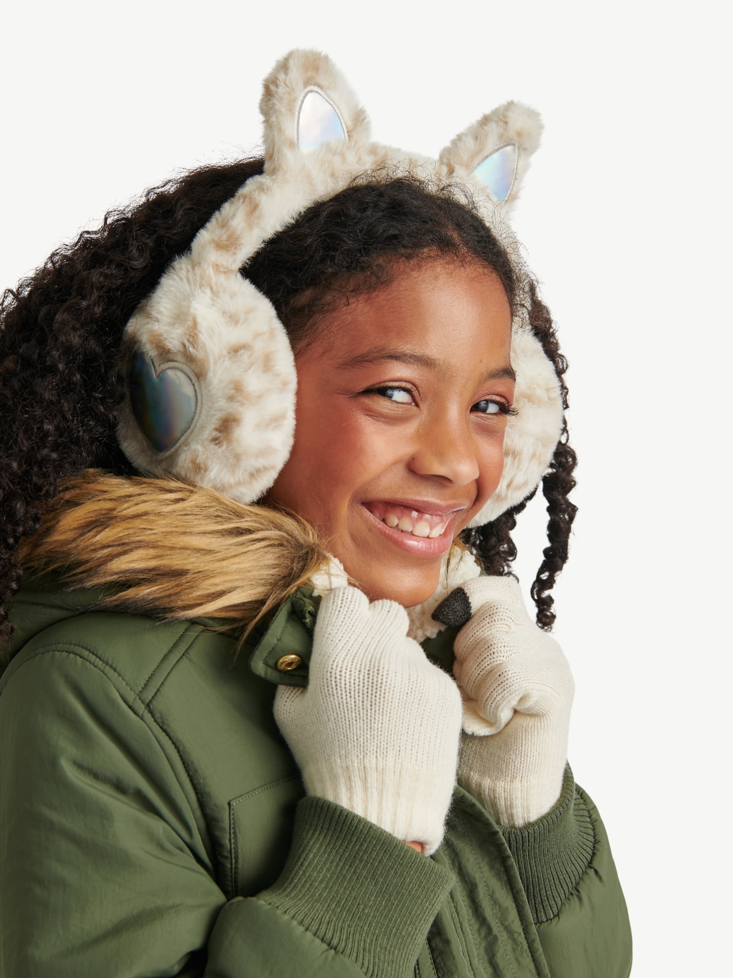 Justice Girls Cheetah Faux Fur Earmuff and Glove Set, Ivory