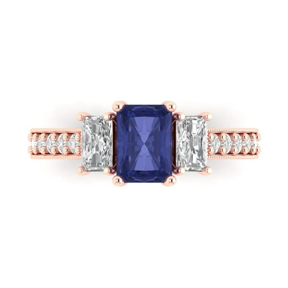 Three-Stone Engagement Ring for Women - 1.88ct Simulated Tanzanite in 18K Rose Gold Promise Ring