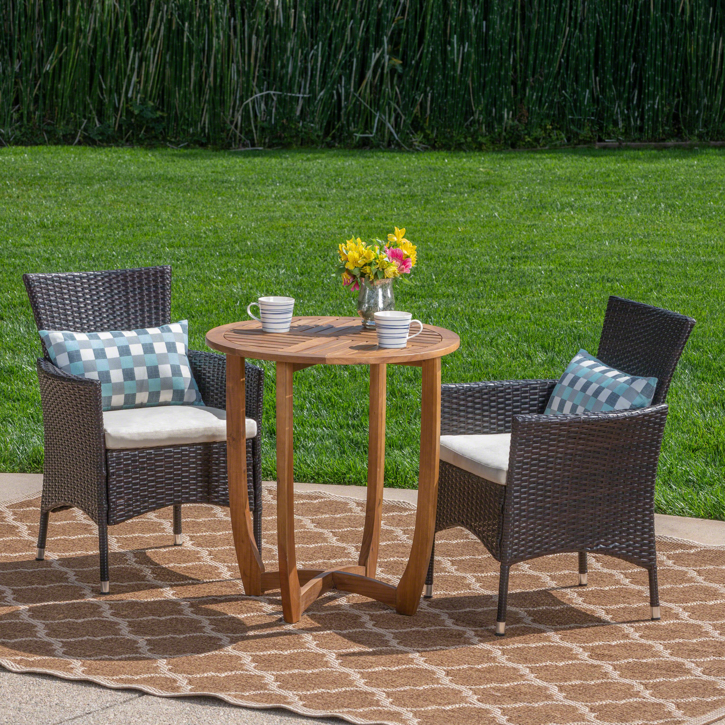 William Outdoor 3 Piece Acacia Wood/ Wicker Bistro Set with Cushions