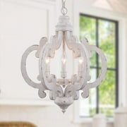 Wood Chandelier, French Country Chandeleir with 6 Candle Light Off-White Finish Adjustable Chain for Kitchen, Dining Room