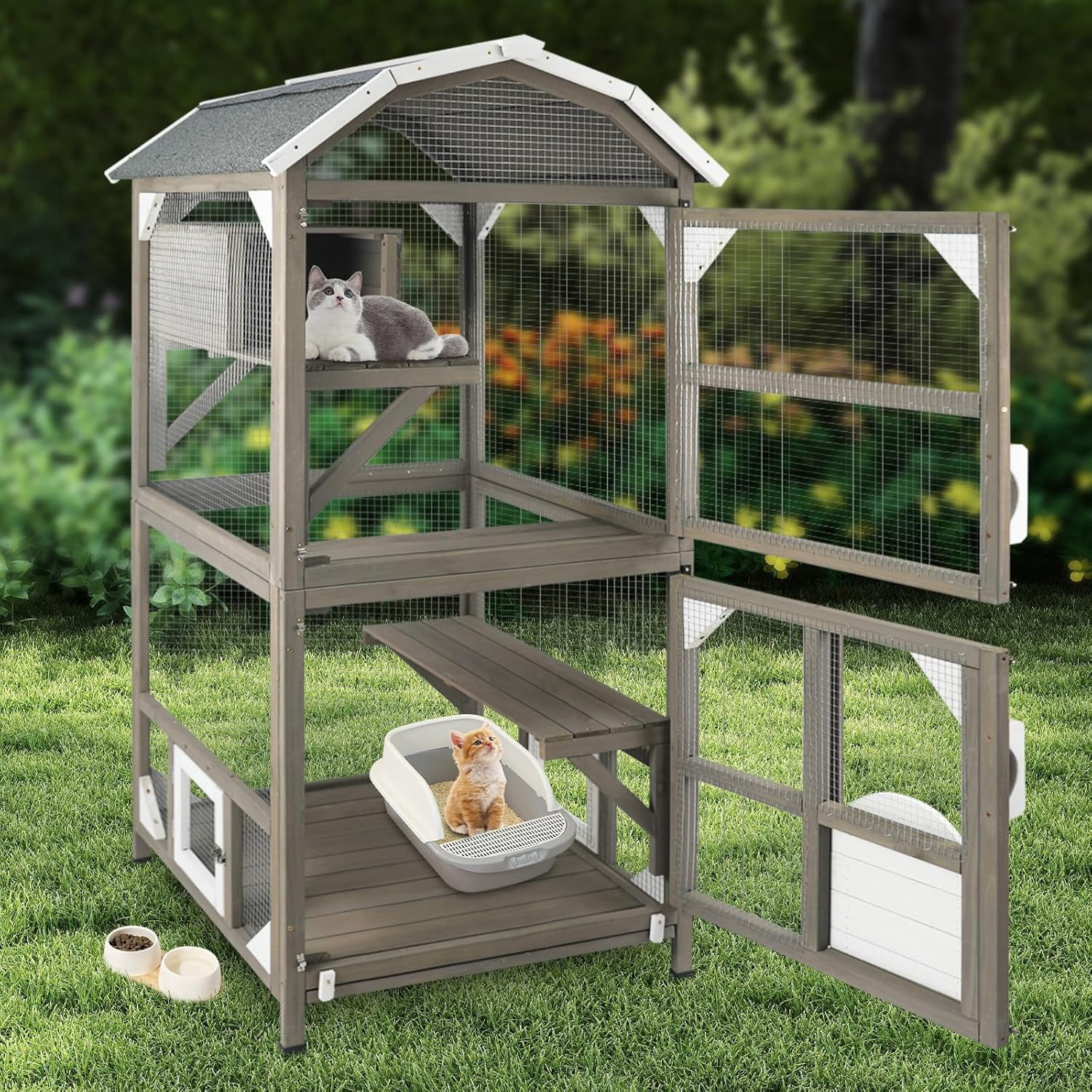 71'' Large Cat House Outdoor Catio Enclosures Indoor Kitten Cages with Attachable Window Resting Box,Waterproof Roof