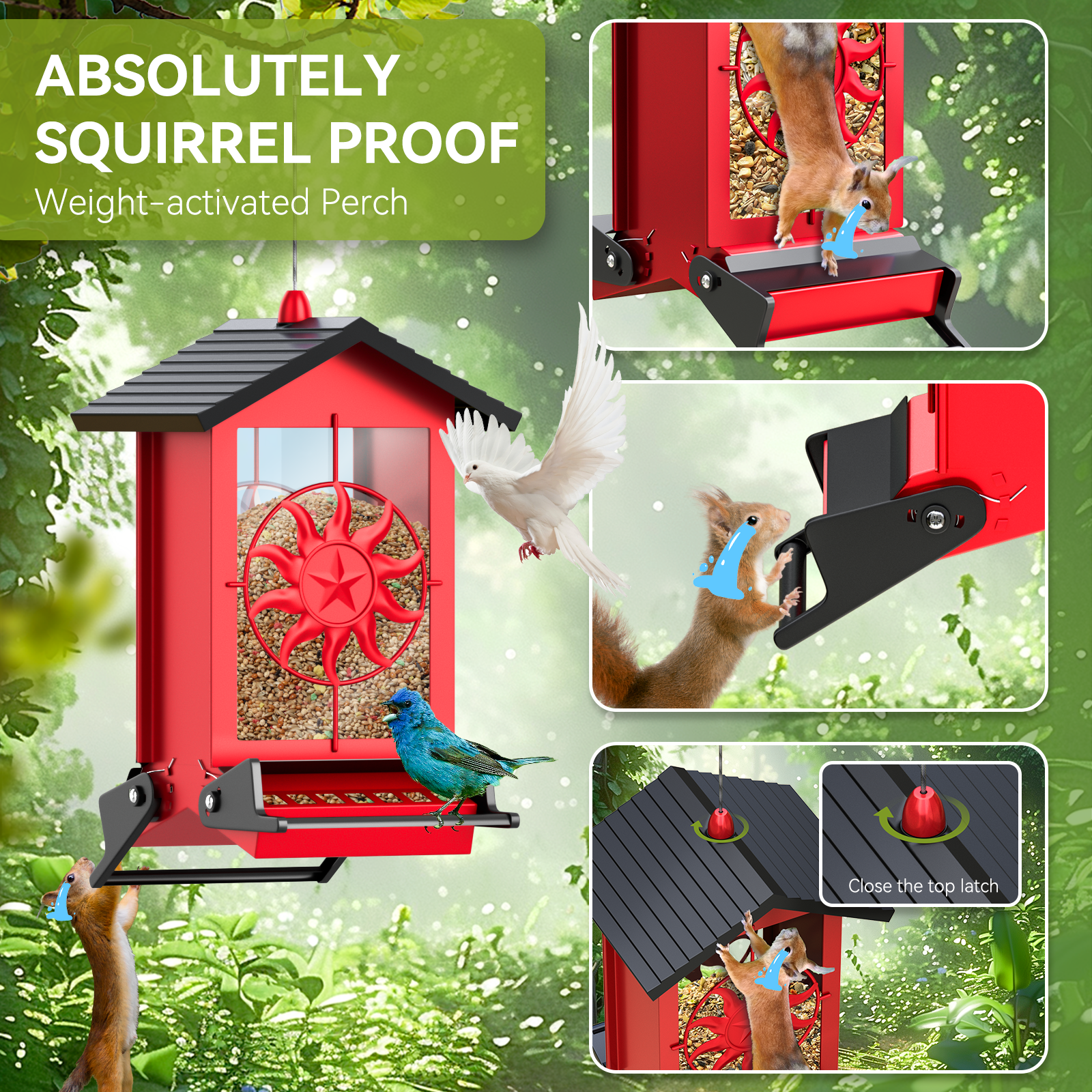 Squirrel Proof Bird Feeder for Outdoors Hanging, Metal Wild Bird Seed Feeder with Bilateral Weight-Activated Perches, 5LB Large Capacity Wild Bird Feeders for Outside Finch, Cardinal, Blue Jay