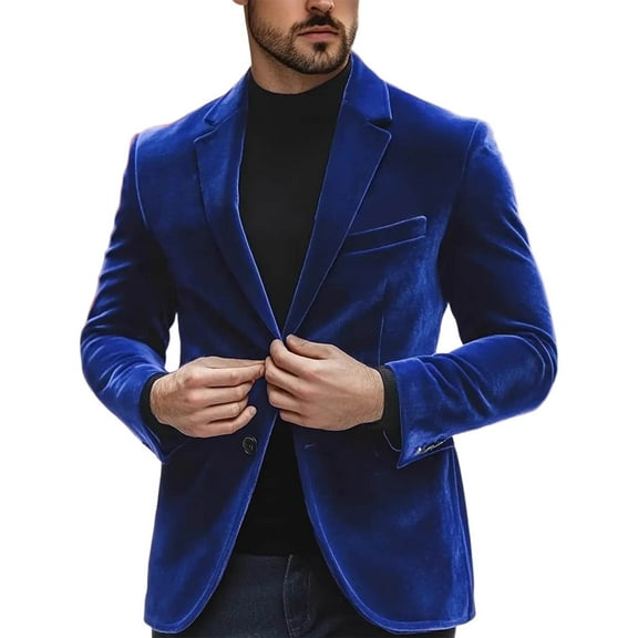 Mens Velvet Blazer Mens Notched Lapel Velour Suit Jacket Elegant One Button Tuxedo Jackets For Wedding Prom Party Dinner Blue M