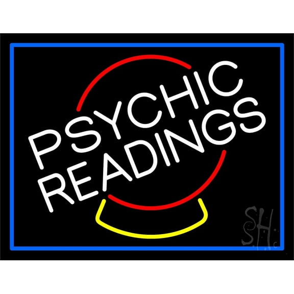 White Psychic Readings Crystal Blue Border LED Neon Sign 24" Tall x 31" Wide - inches Black Square Cut Acrylic Backing, with Dimmer - Bright and Premium built indoor LED Neon Sign for Storefront.