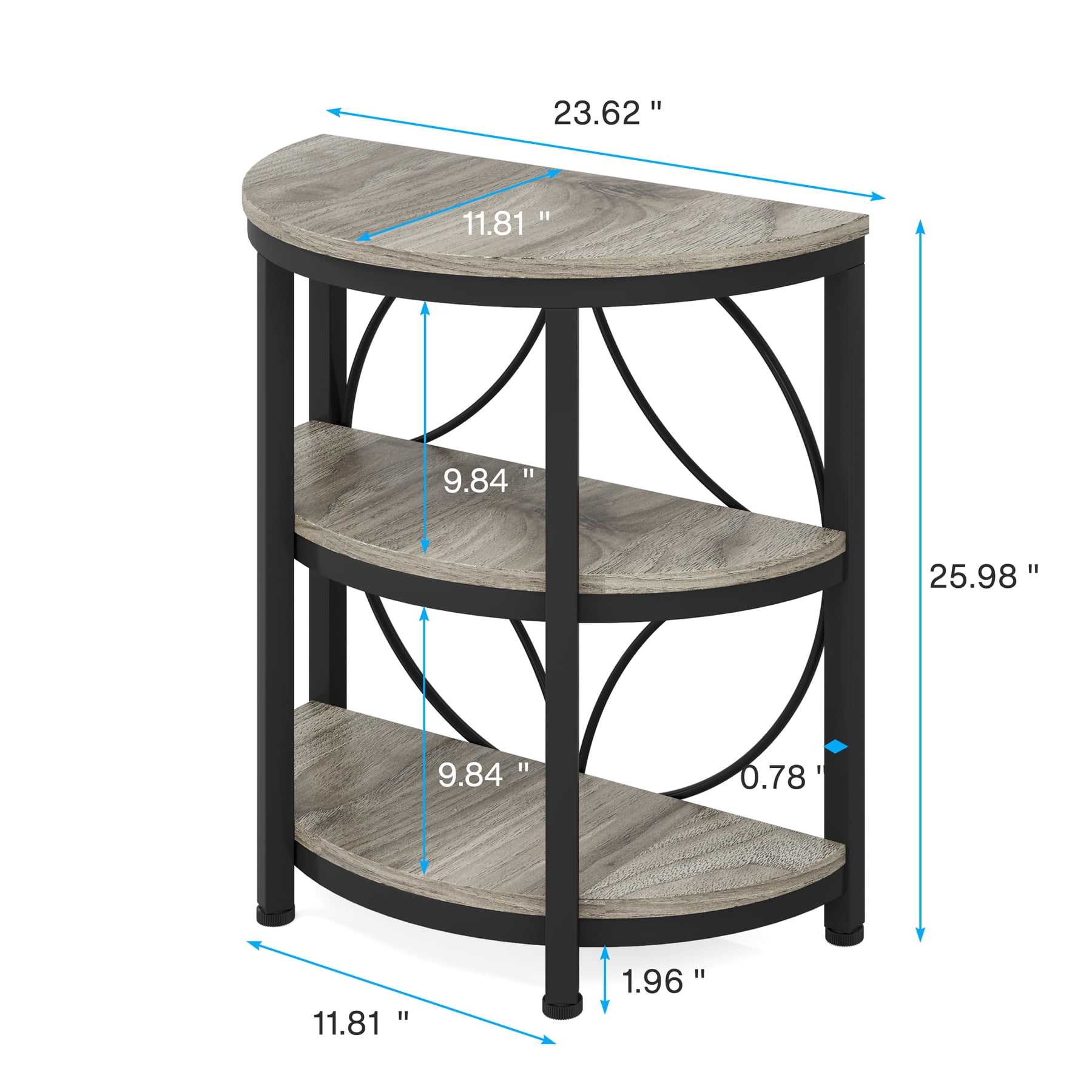 MAYEERTY Half-Round Side Table Rustic Brown Top Black Metal Legs 3-Tier Open Shelves