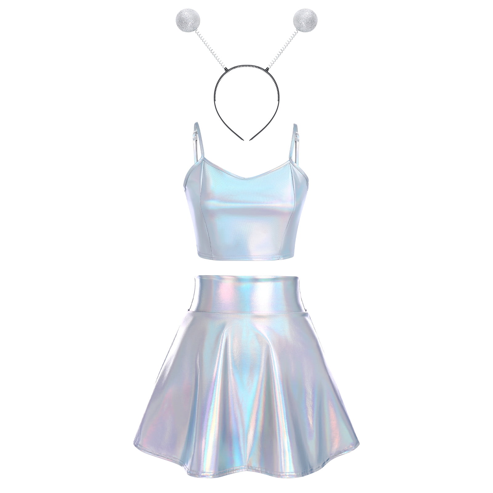 Women's Shiny Metallic Crop Top + Flared Skirt + Alien Headband Club Party Musical Festival