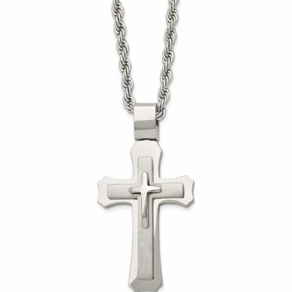 Stainless Steel Brushed And Polished Triple Layer Cross 24In Necklace Made In China -Jewelry By Sweet Pea