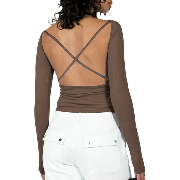 JYYYBF Workout Crop Tops for Women Yoga Tops Padded Criss Cross Strappy Back Long Sleeve