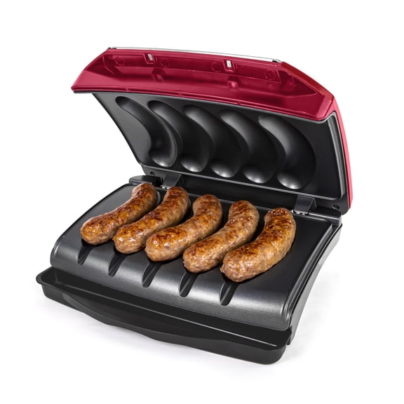 Nostalgia Game Day 270W Bratwurst and Sausage Grill with Oil Drip Tray, 5-Link Capacity, Red