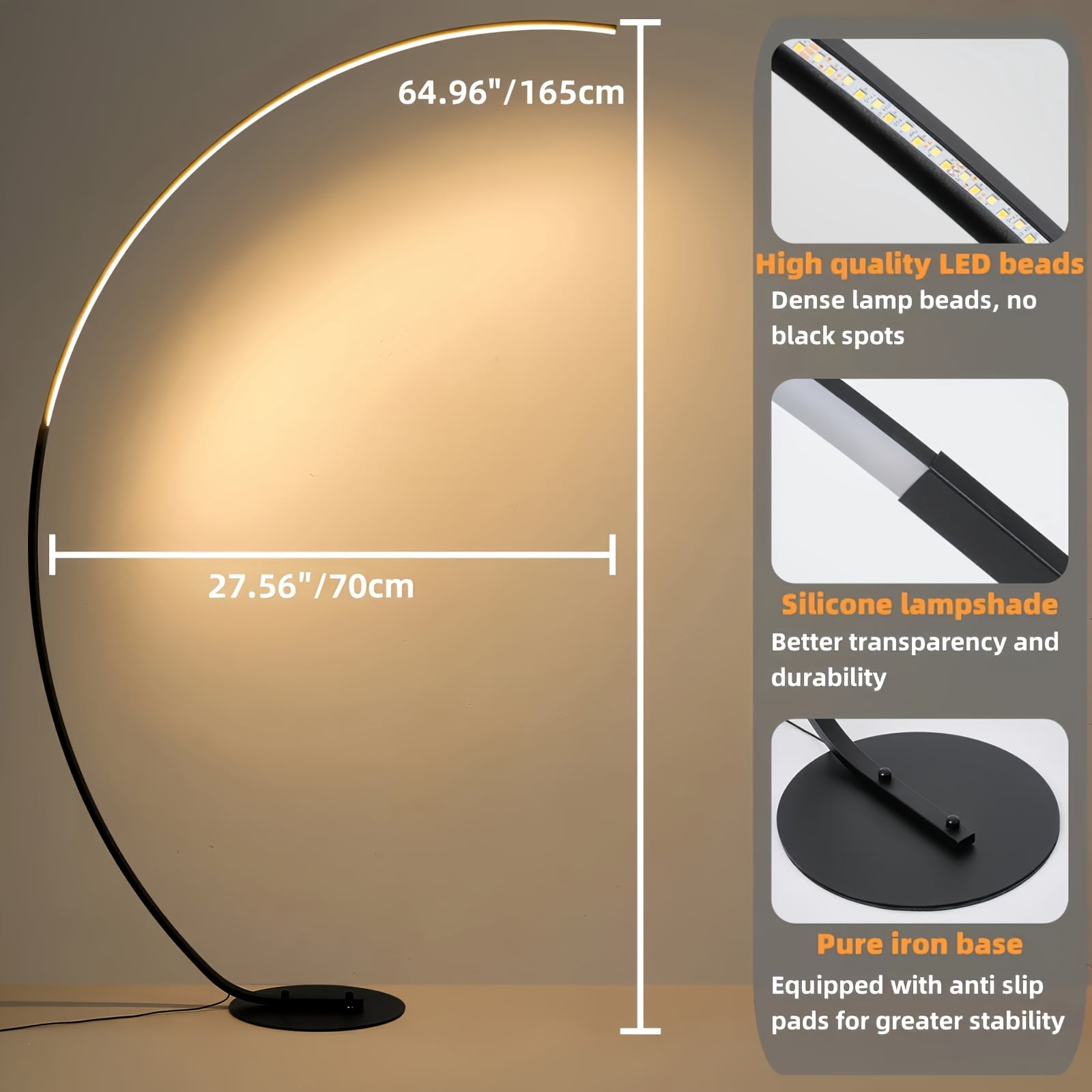 65 Inch Arched Modern Standing Floor Lamp With Remote - Dimmable Black Reading Floor Lamps LED Color Changing Curved Ambient Lighting For Bedroom And Living Room
